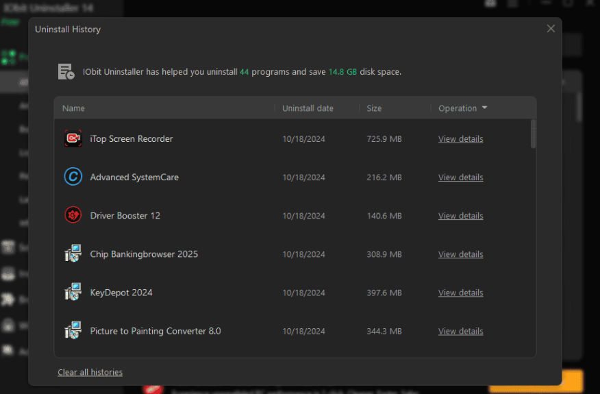 IObit Uninstaller Full uninstall history
